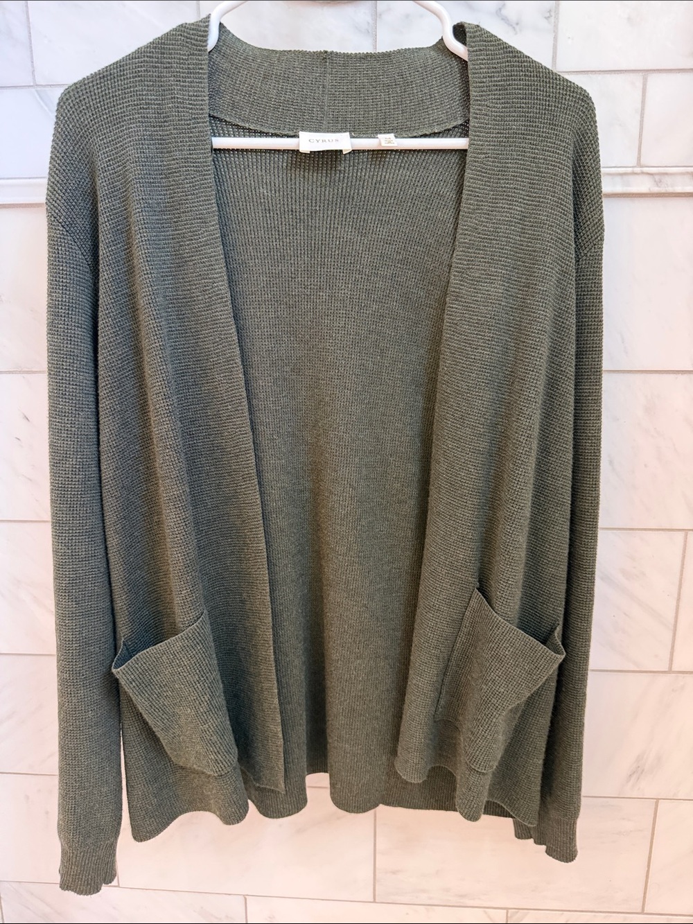 Cyrus Olive Green Open-Front Knit Cardigan